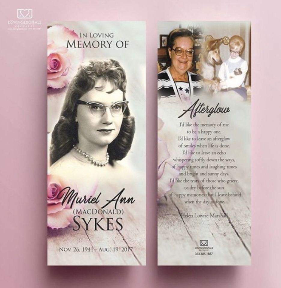 Front and back of a memorial bookmark with a vintage portrait, pink roses and a poem