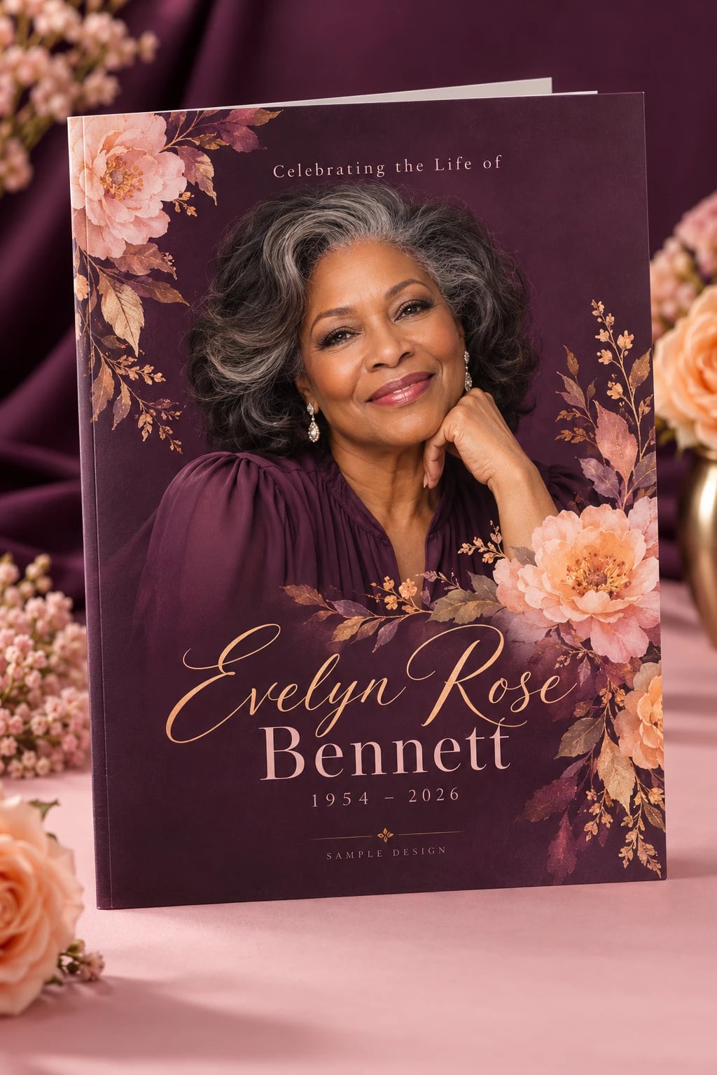 Sample floral obituary booklet in plum, blush pink, and apricot.