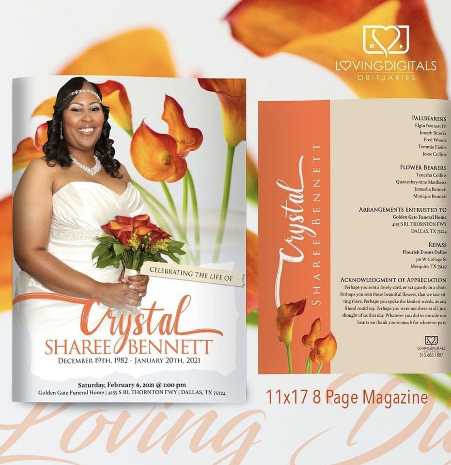 Magazine-style obituary program with a bride’s portrait and bright orange calla lilies