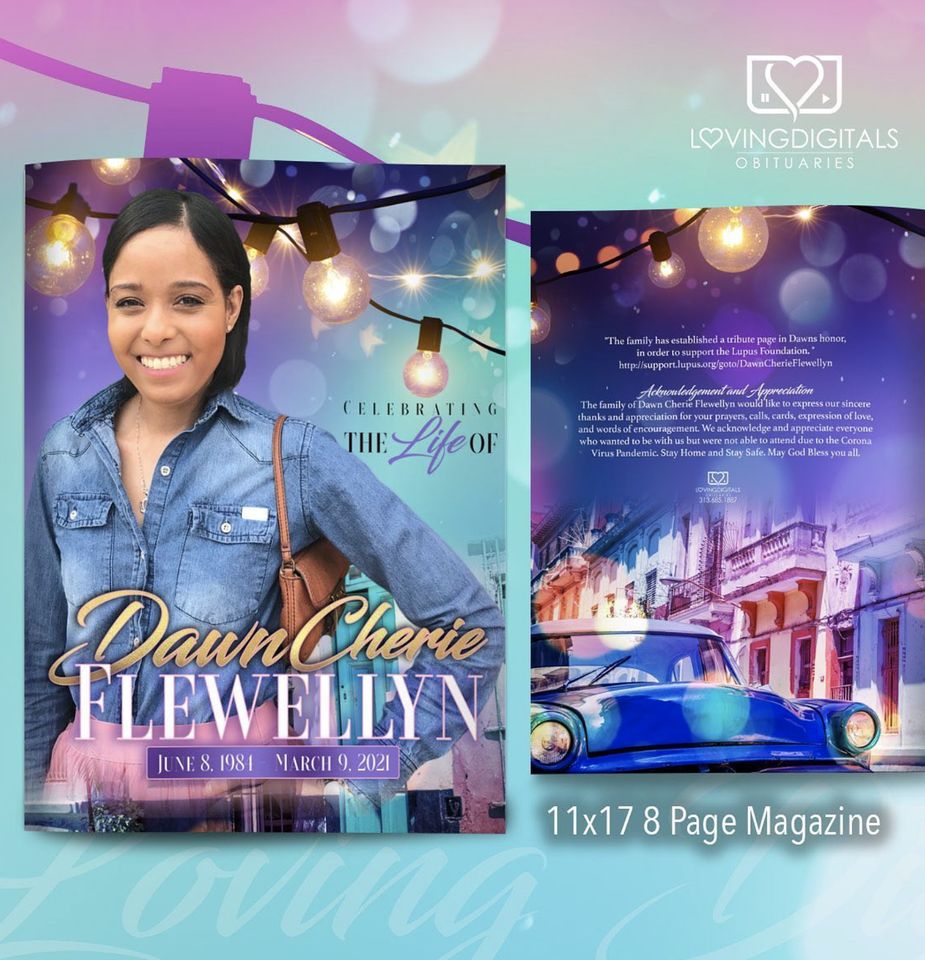 Magazine-style program in violet and teal with string lights and a city street scene