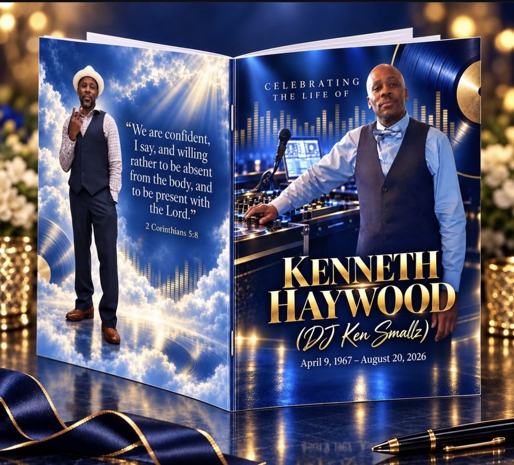 Booklet program with a portrait at a DJ booth, vinyl records and gold lettering, and a back cover of sunlit clouds with a scripture verse