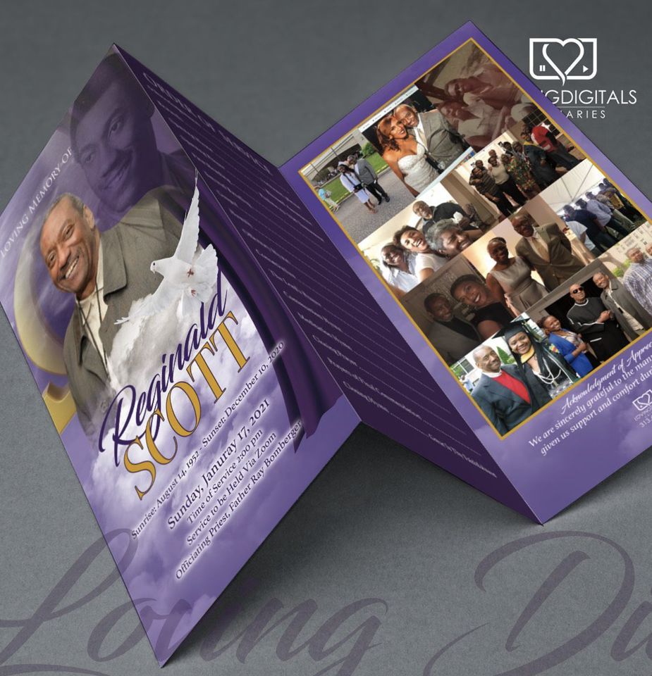 Purple trifold program with a smiling portrait, a white dove and a family photo collage