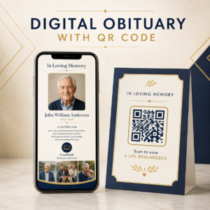 Digital obituary displayed on a phone with a QR code memorial sign