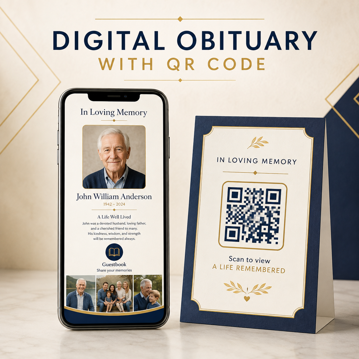 Digital obituary displayed on a phone with a QR code memorial sign