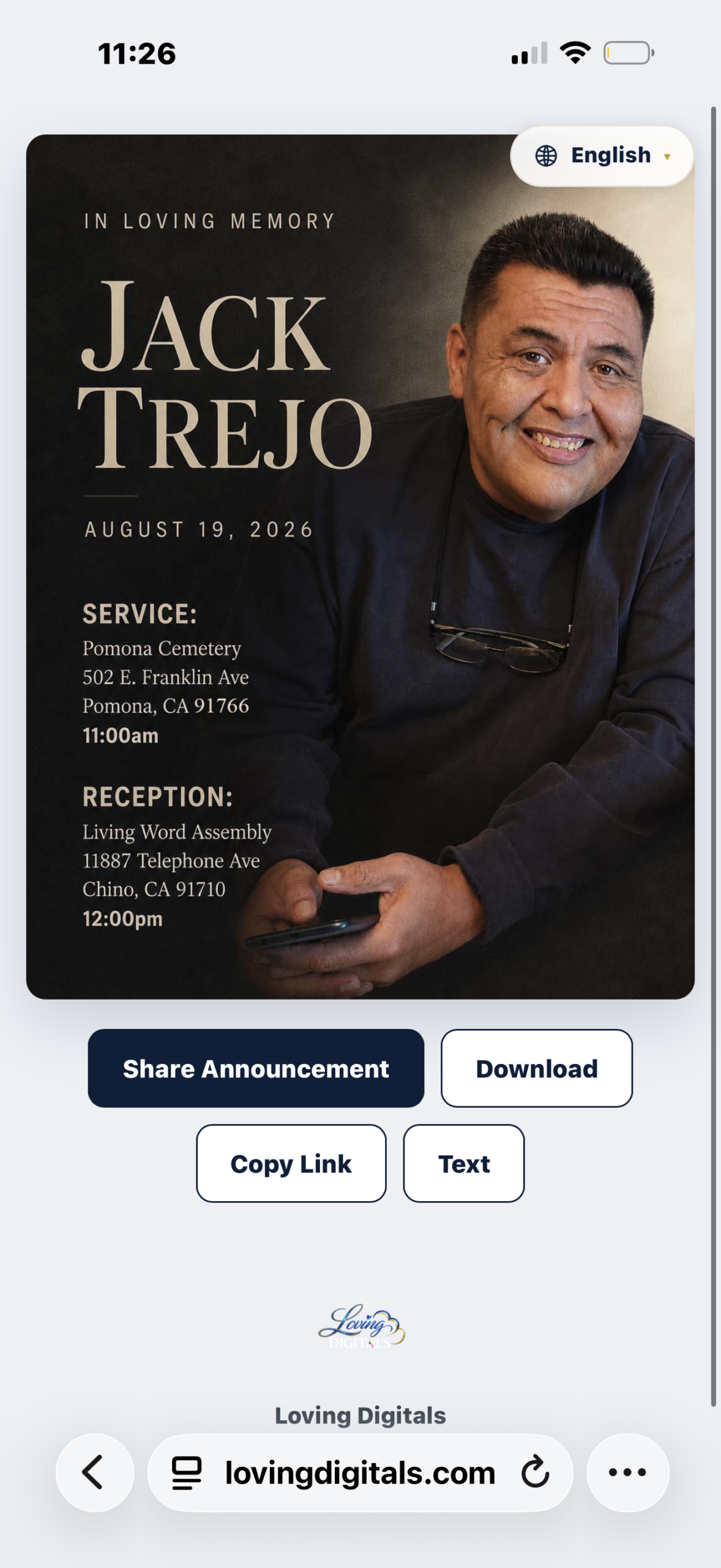 The digital memorial announcement for Jack Trejo, viewed on a phone in English.