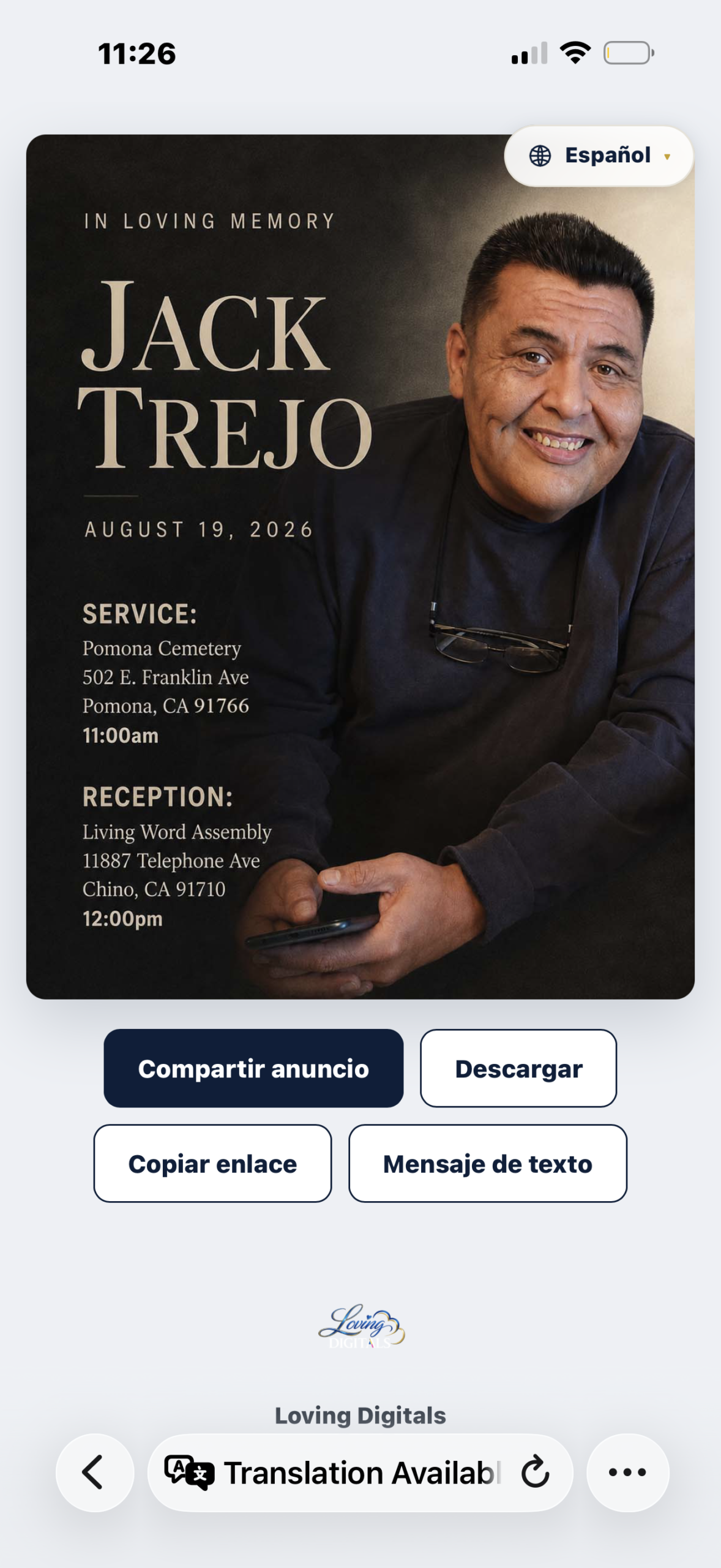 The same announcement for Jack Trejo in Spanish, viewed on a phone with the page in Español.