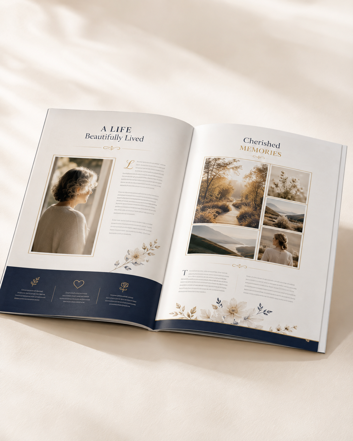 Open custom funeral program showing professionally designed interior pages